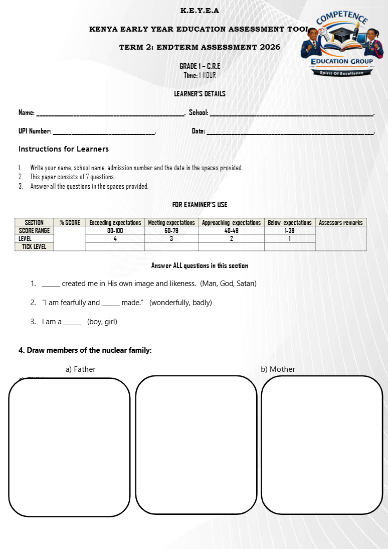 GRADE 1 END OF TERM 2 EXAMS