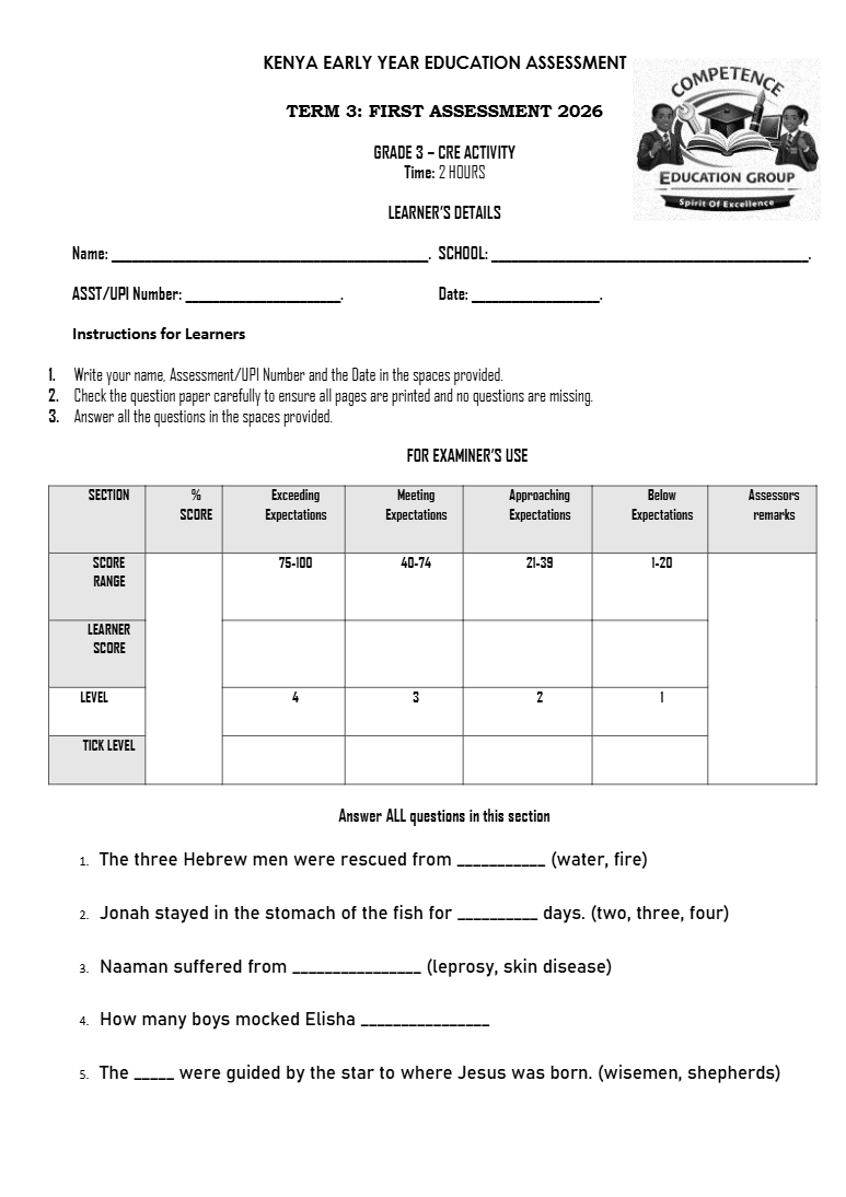 GRADE 3 Opener Term 3 2026 Full Exam