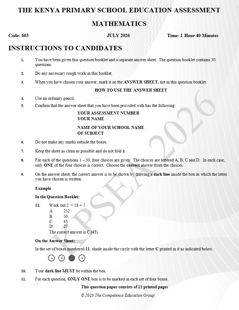 GRADE 6 KPSEA Mathematics Prediction 2026