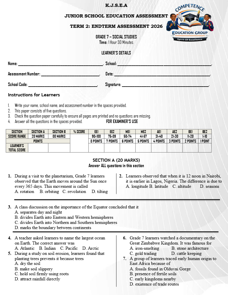 GRADE 7 END OF TERM 2 2026 SOCIAL STUDIES