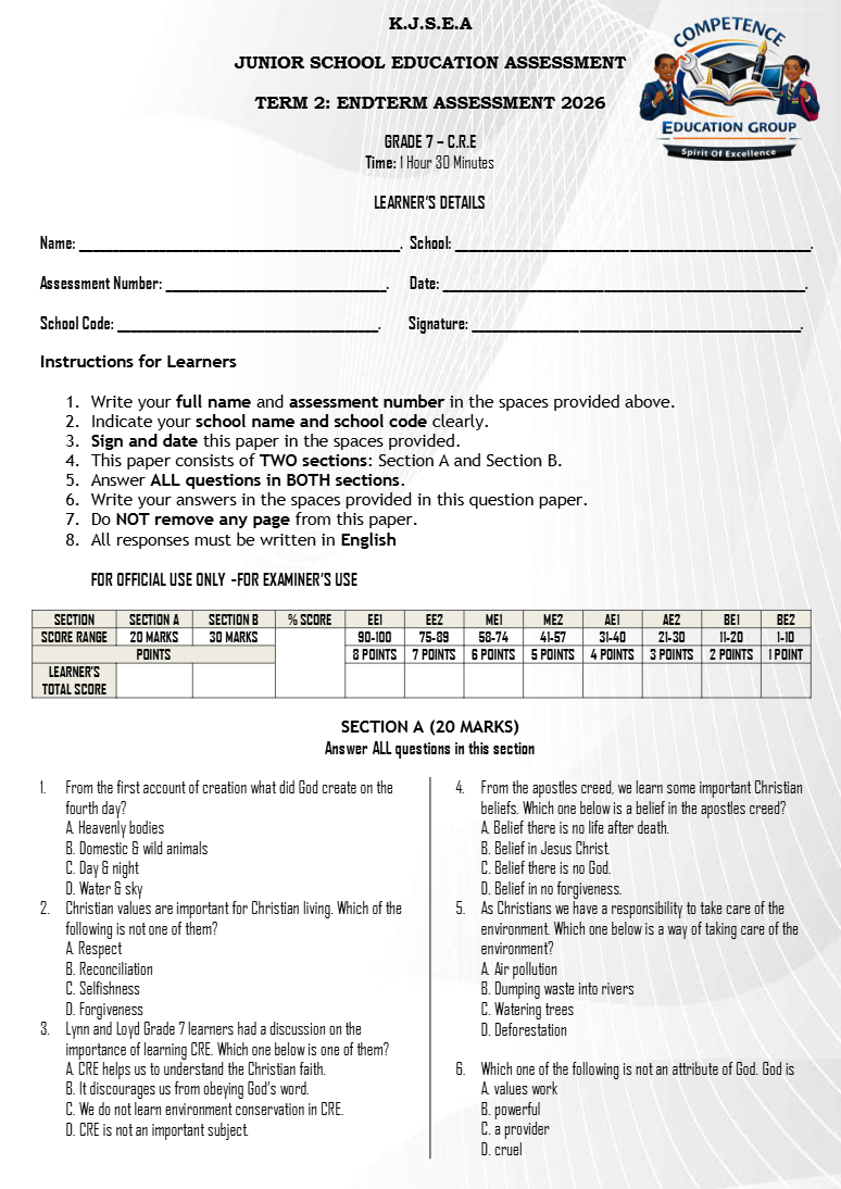GRADE 7 END OF TERM 2 CRE EXAMS
