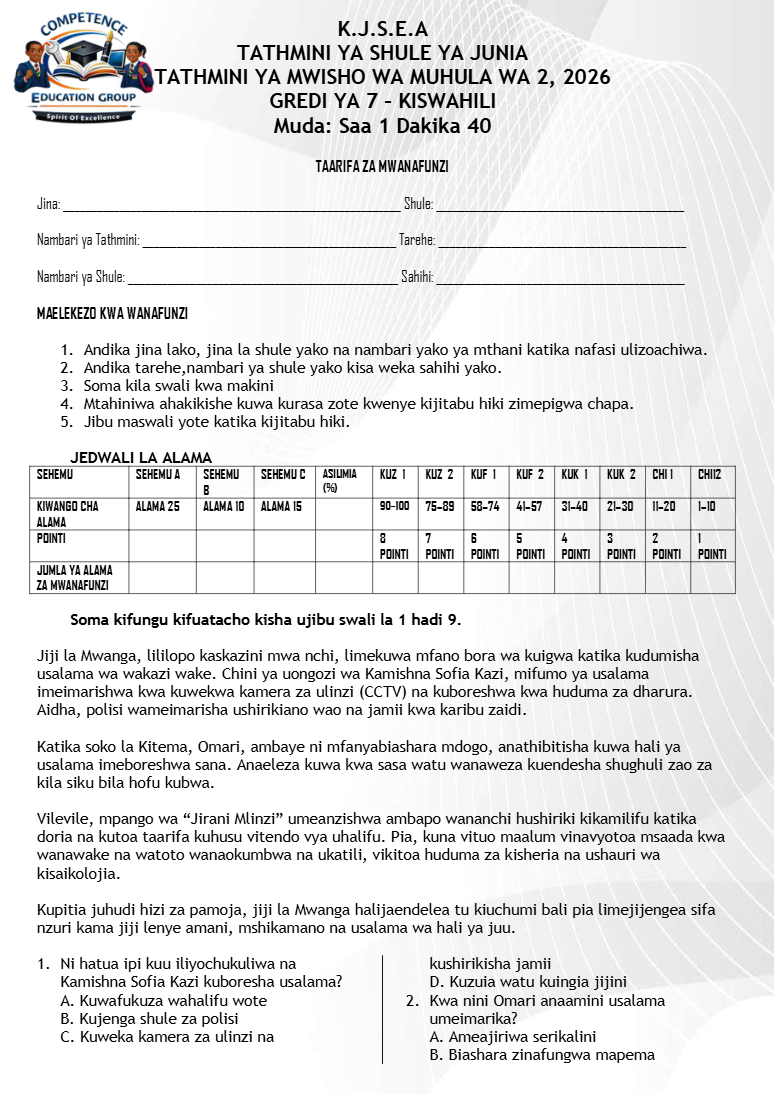 GRADE 7 END OF TERM 2 KISWAHILI PAPER 1