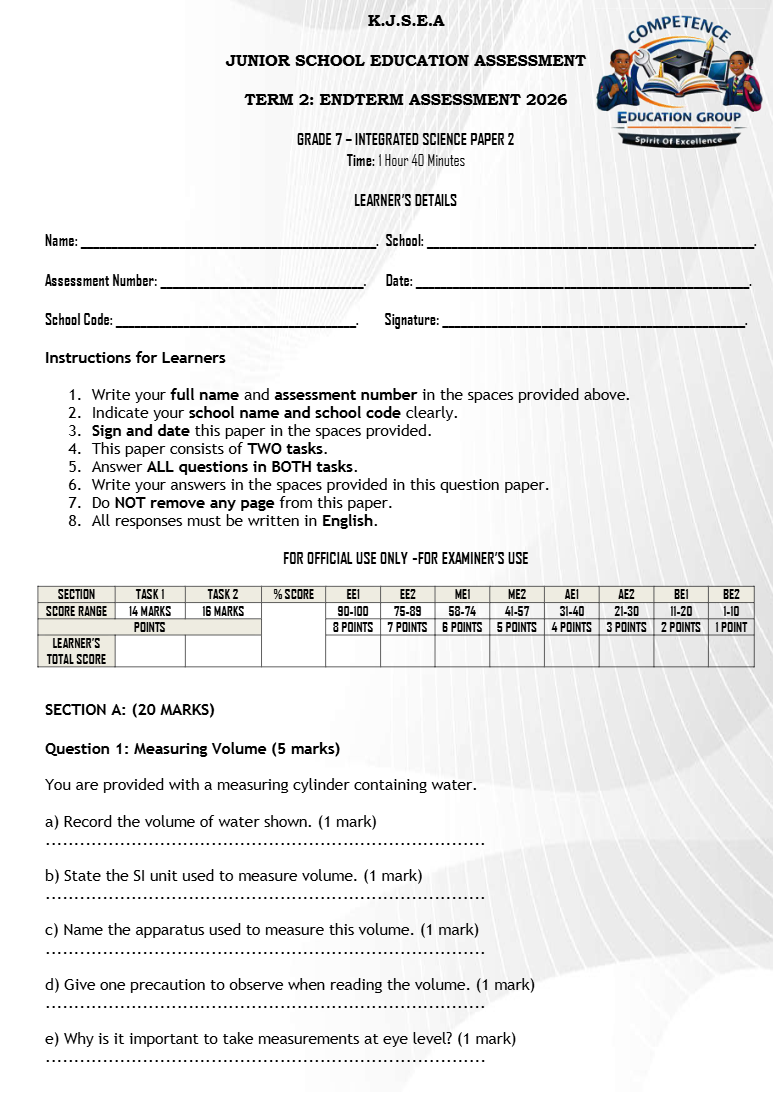 GRADE 7 Integrated Science Paper 2 End of Term 2 2026