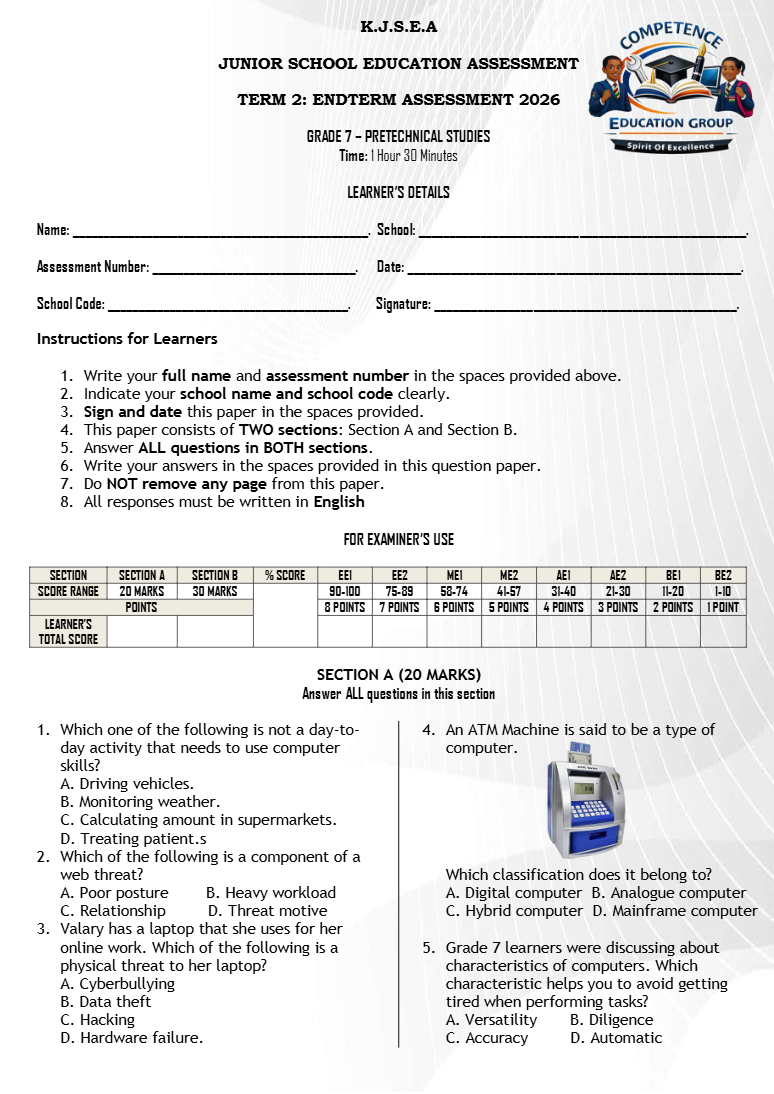 GRADE 7 Pre-technical End of Term 2 Exams