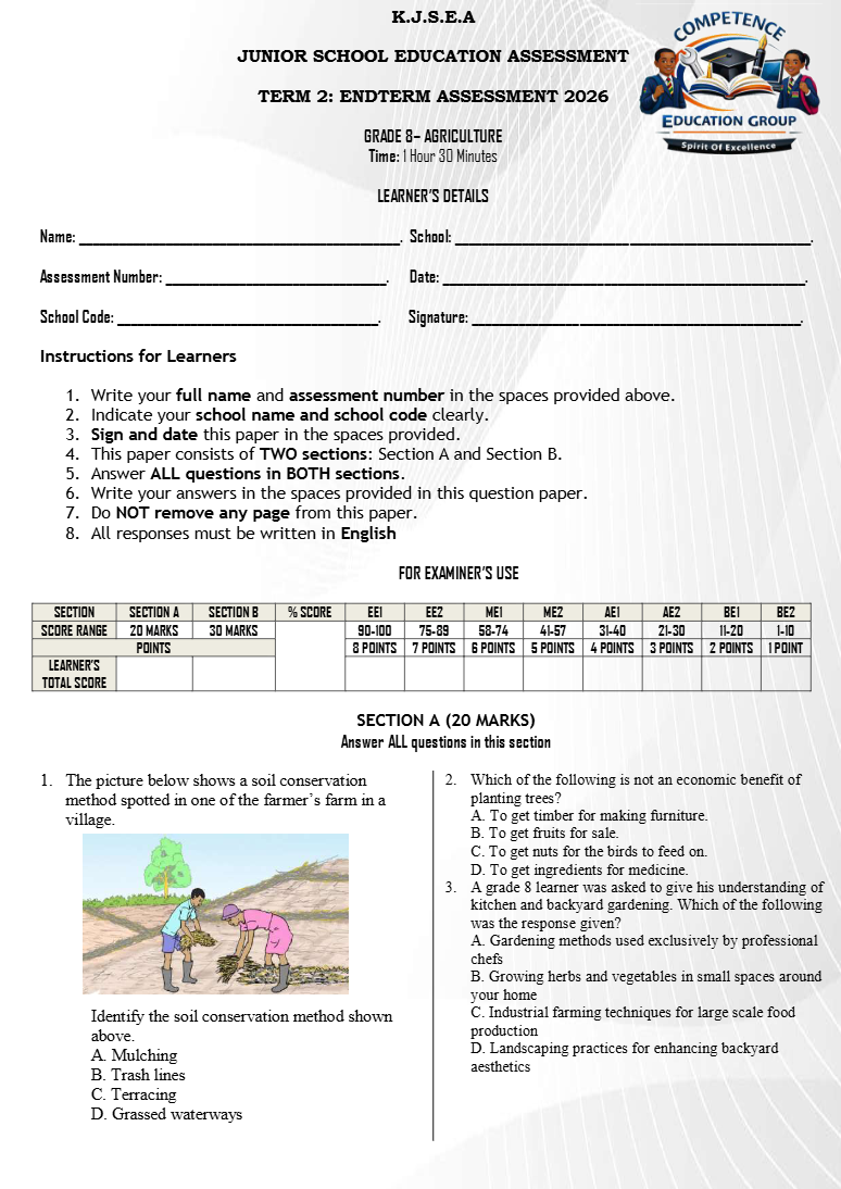 GRADE 8 AGRICULTURE END OF TERM 2 EXAMS