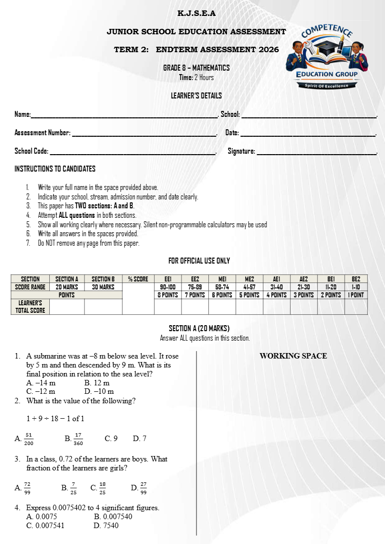 GRADE 8 MATHEMATICS END OF TERM 2 2026