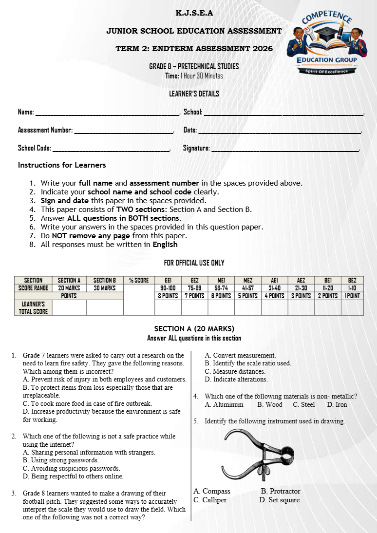 GRADE 8 PRETECHNICAL END OF TERM 2 EXAMS