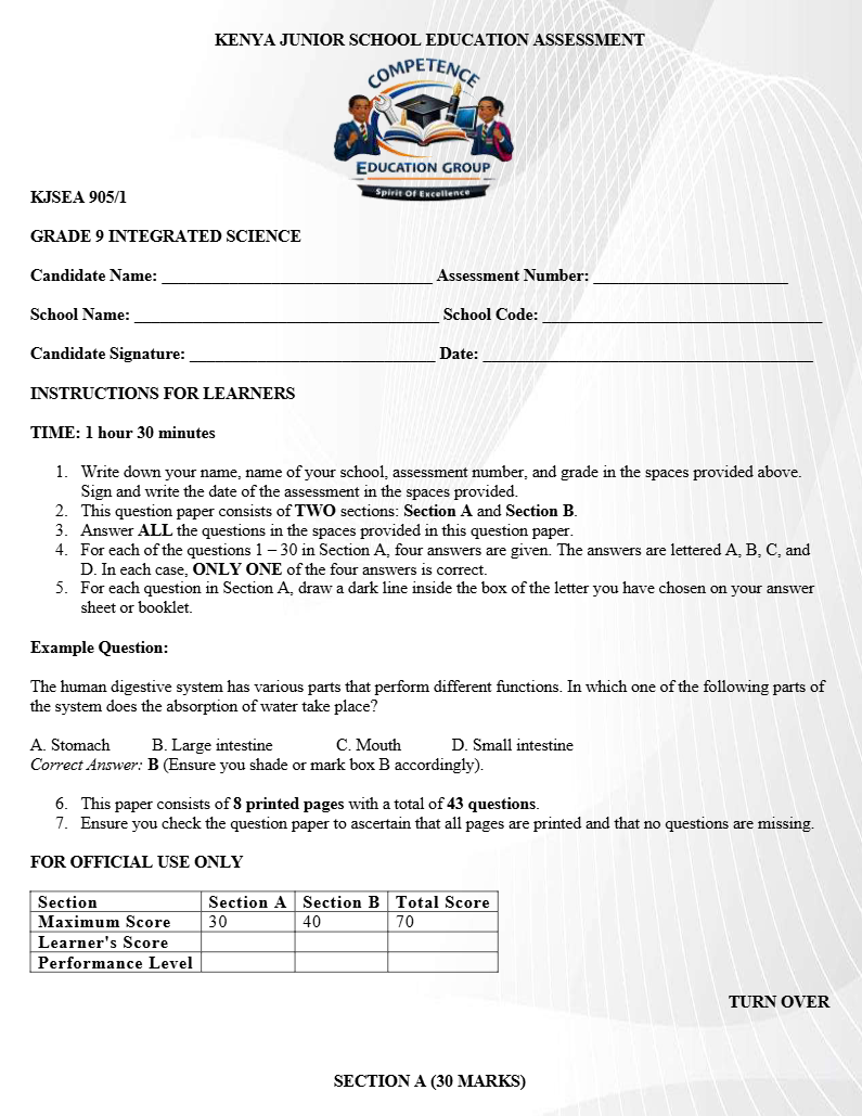 GRADE 9 INTEGRATED SCIENCE Paper 1