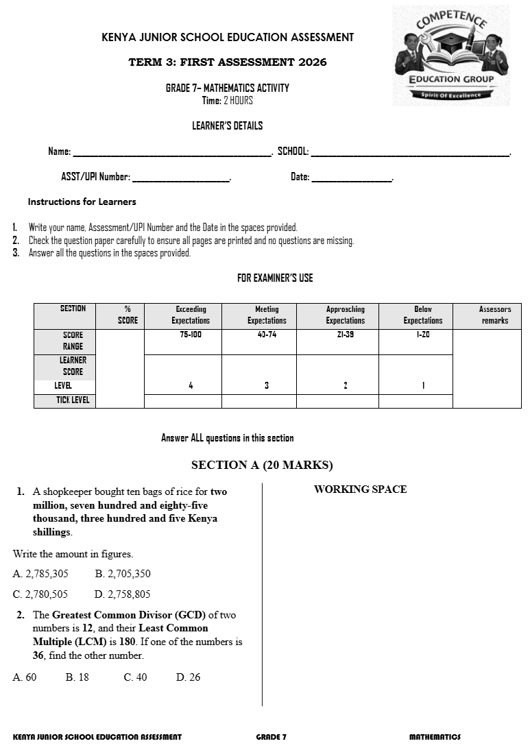GRADE 7 TERM 3 OPENER EXAM FULL SET