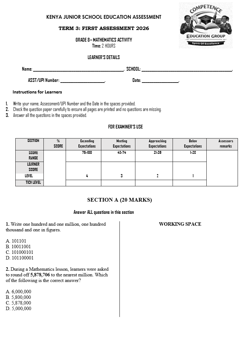 GRADE 8 TERM 3 OPENER EXAM FULL SET