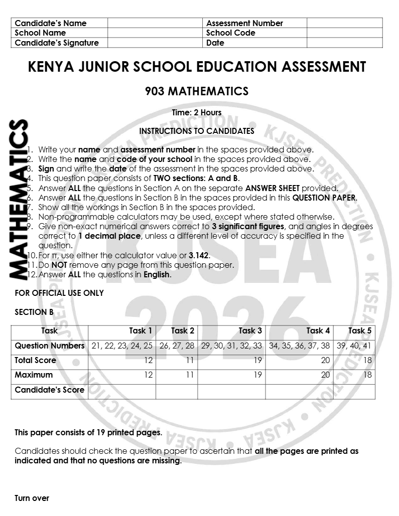 GRADE 9 MATHS KJSEA PREDICTION 2